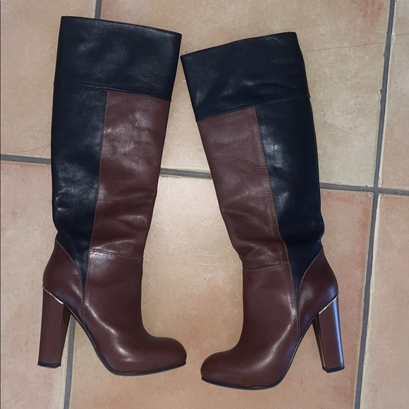 Two Tone Black & Brown Knee High Leather Boots with Gold Accents - Picture 5 of 11